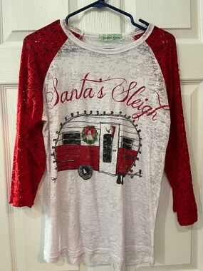 Santa's Sleigh Red & White womens Raglan Holiday Top